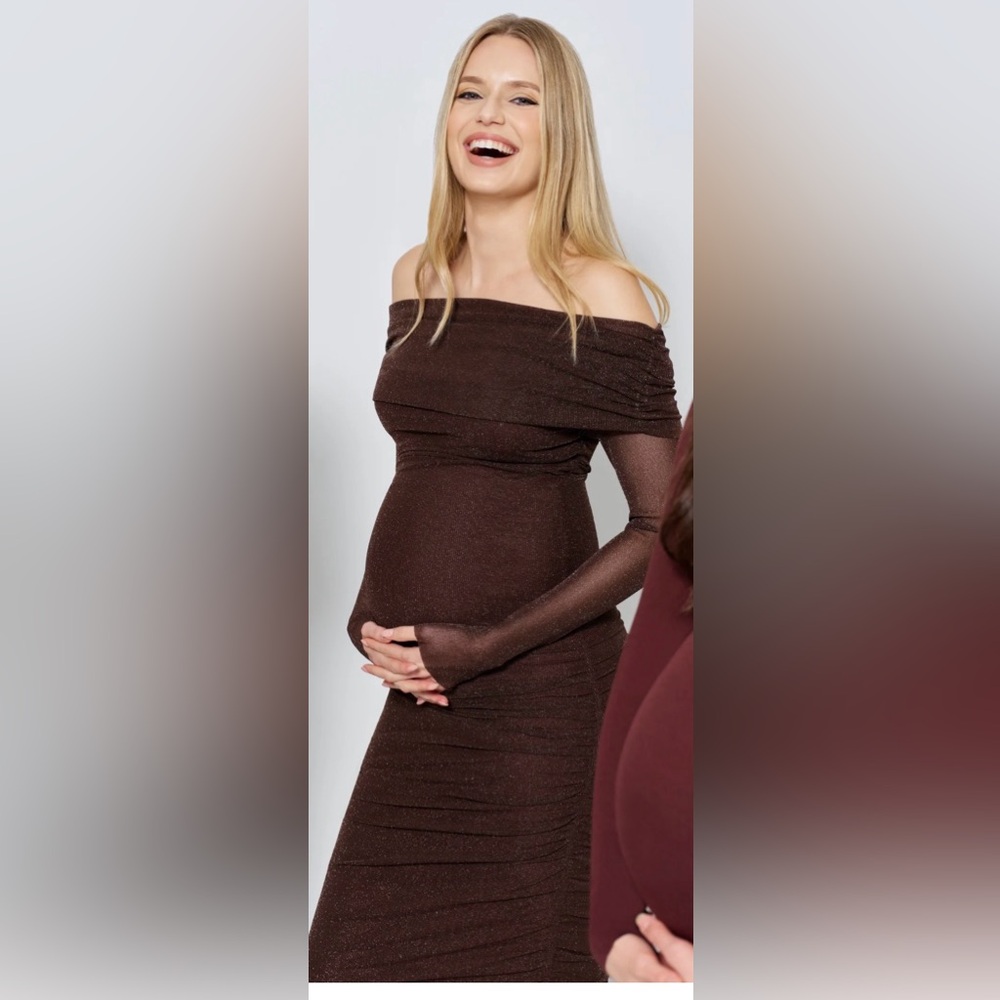 Off-Shoulder Long Sleeve Maternity Dress in Dark Brown